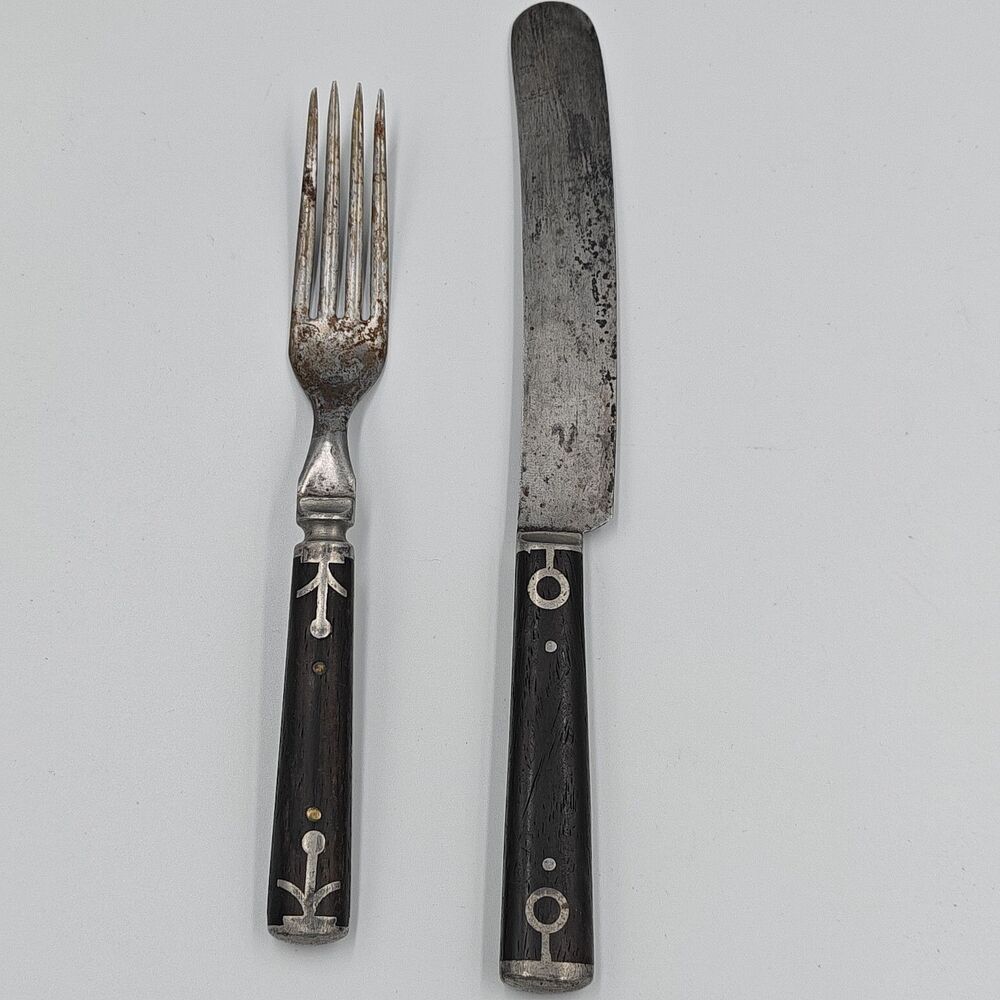 Antique Civil War Era 2 Piece - Flatware Knife & Fork Set w/ Brown Wood Handles